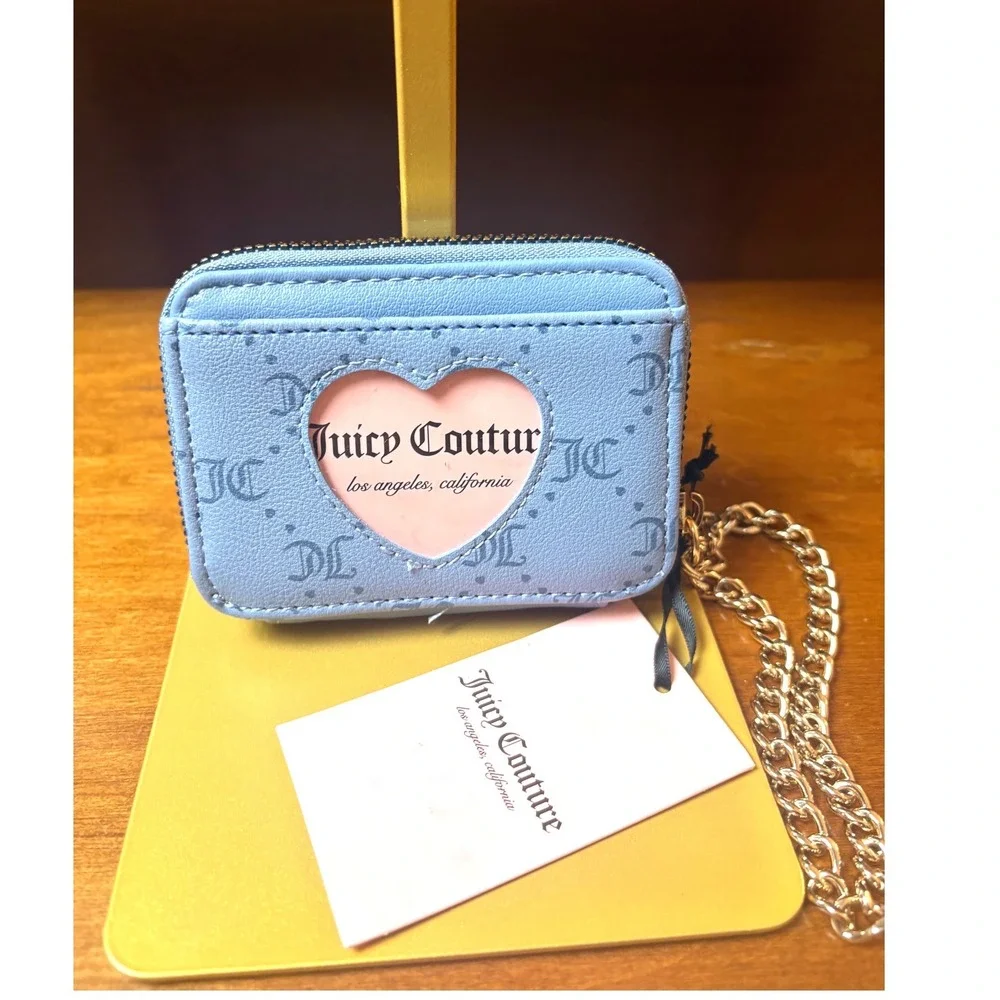Juicy Couture Blue Monogram Zip Card Case Coin‎ Purse Heart Charm Wristlet